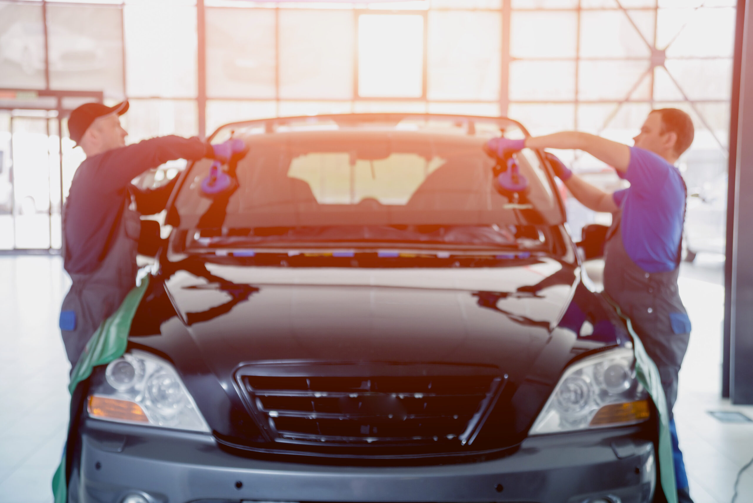 Technicians replacing a car windshield inside an auto service garage