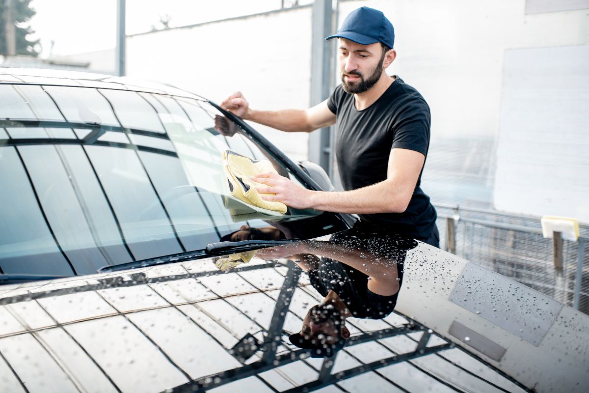 auto glass cleaning wisconsin A man cleaning his windshield, keeping it spotless with help from Affordable Auto Glass services.