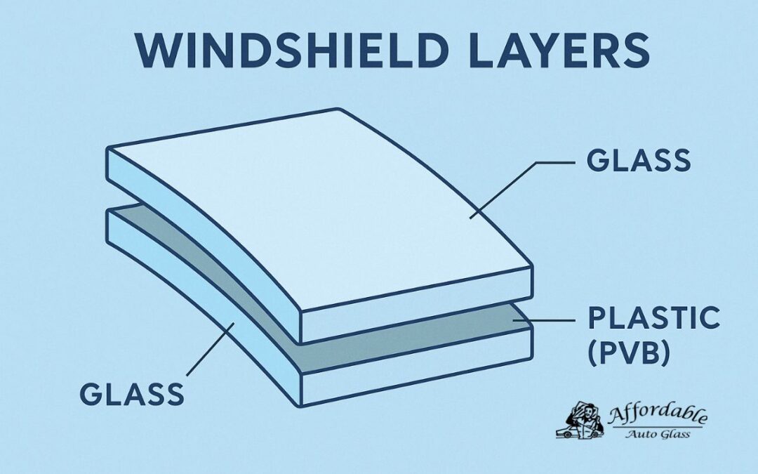 Cross-sectional illustration of a laminated windshield showing its three layers—glass, plastic (PVB), and glass—used by Affordable Auto Glass Wisconsin to explain windshield safety and structure.