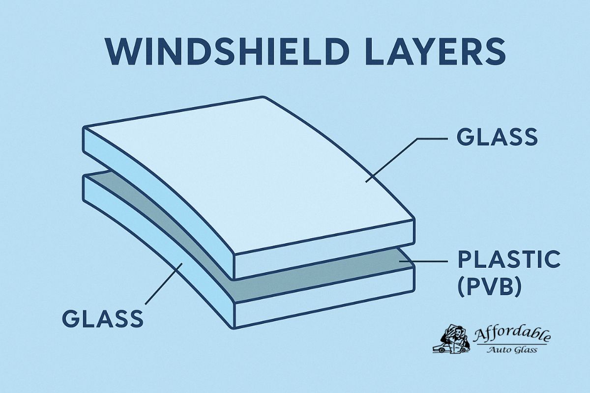 Cross-sectional illustration of a laminated windshield showing its three layers—glass, plastic (PVB), and glass—used by Affordable Auto Glass Wisconsin to explain windshield safety and structure.