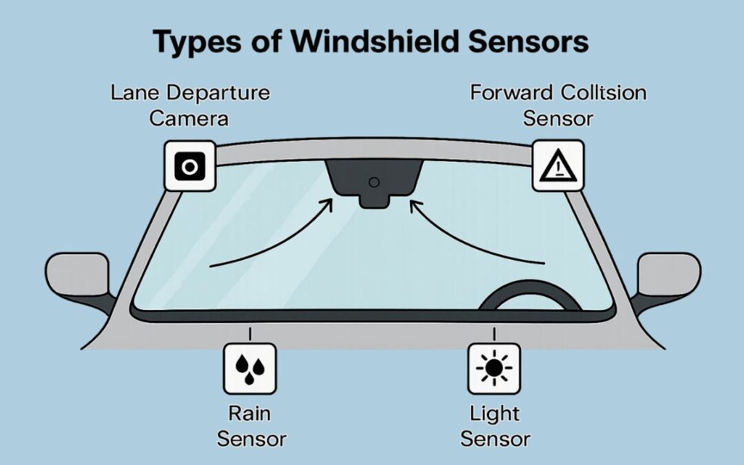 Illustration of various windshield sensors including lane departure, rain, and collision sensors
