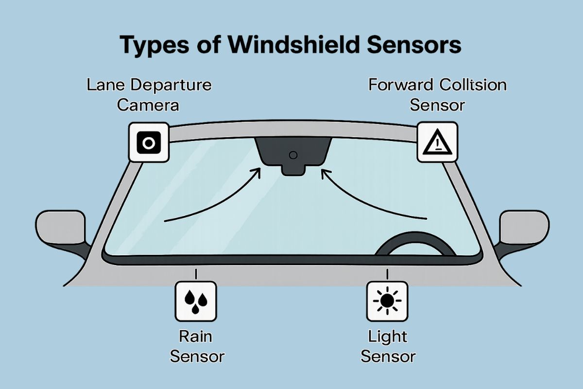 Illustration of various windshield sensors including lane departure, rain, and collision sensors