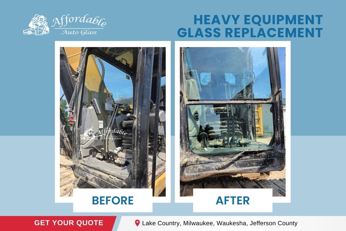 Before and after heavy equipment glass replacement showing a clear transformation by Affordable Auto Glass in Wisconsin.