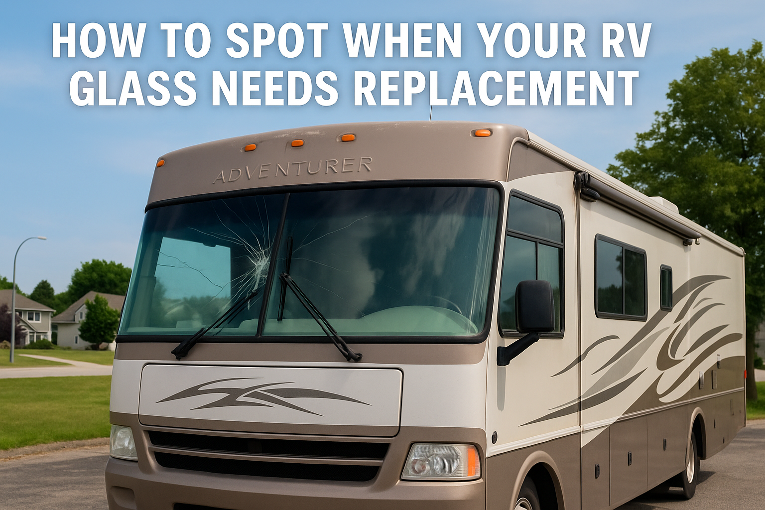 RV parked in Wisconsin with visible windshield damage showing signs it needs glass replacement.