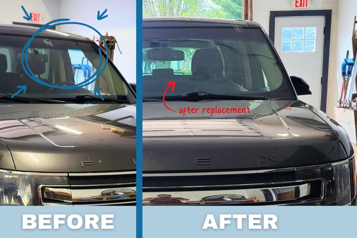 Before and After of Ford Flex windshield replacement with acoustic interlayer and solar glass in Wisconsin