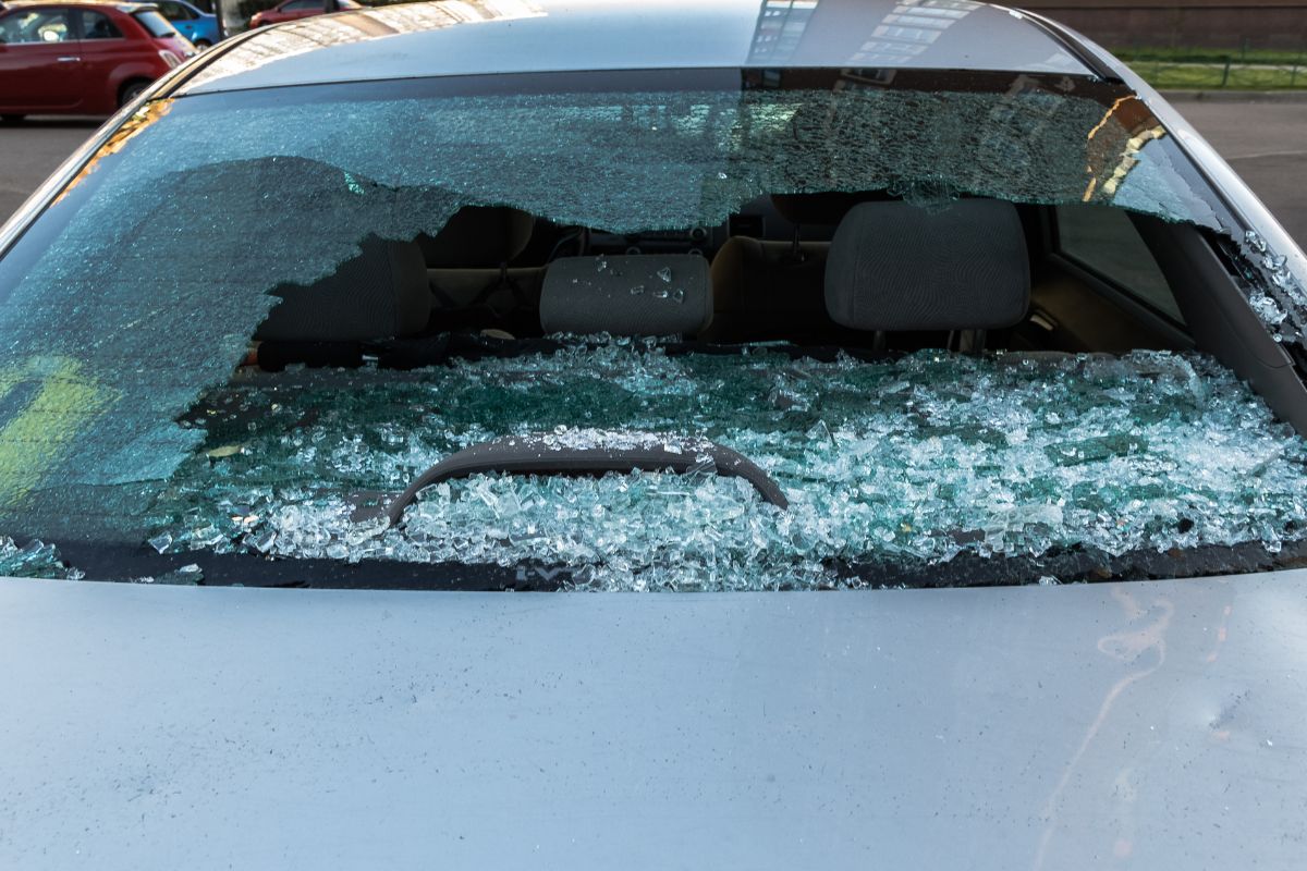 broken rear windshield of a sedan in Wauwatosa, Wisconsin