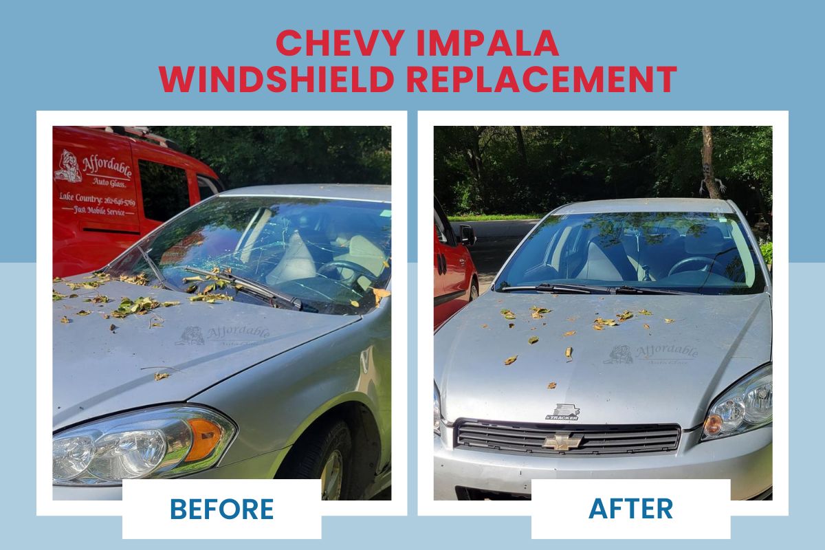Before and after photo showing a Chevy Impala windshield replacement performed by Affordable Auto Glass mobile service in Wisconsin.