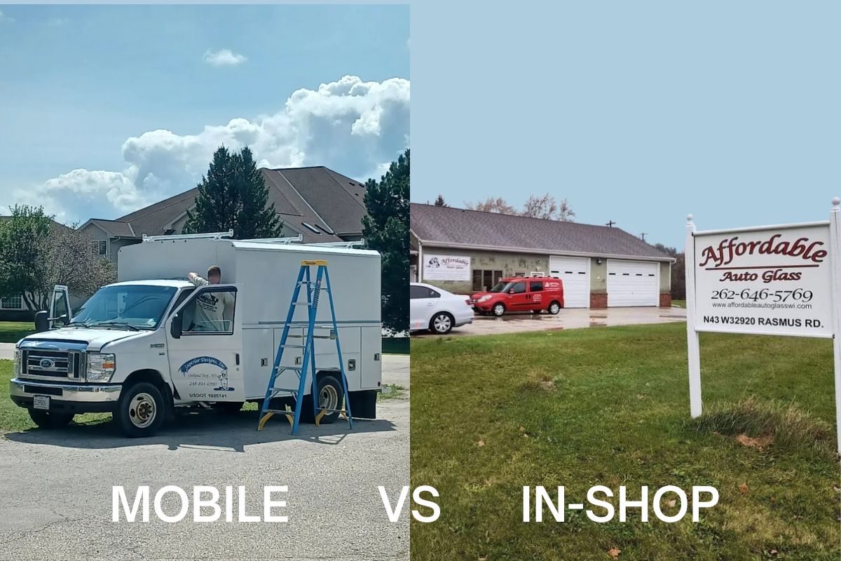 A side-by-side comparison showing a mobile auto glass repair van on the left and the Affordable Auto Glass Wisconsin shop on the right, illustrating the difference between mobile and in-shop auto glass repair services.