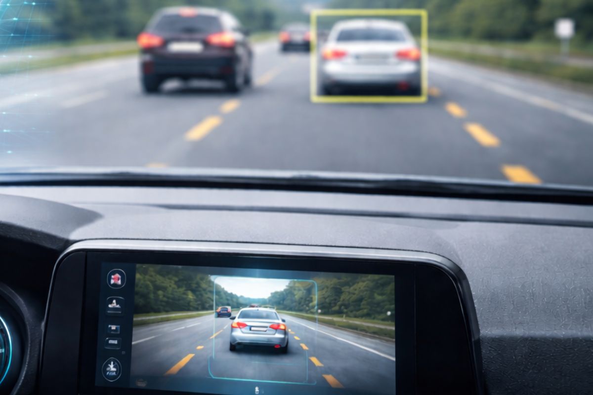 Dashboard display showing forward-facing windshield camera detecting vehicles on the road, illustrating why windshield camera recalibration is required after replacement.