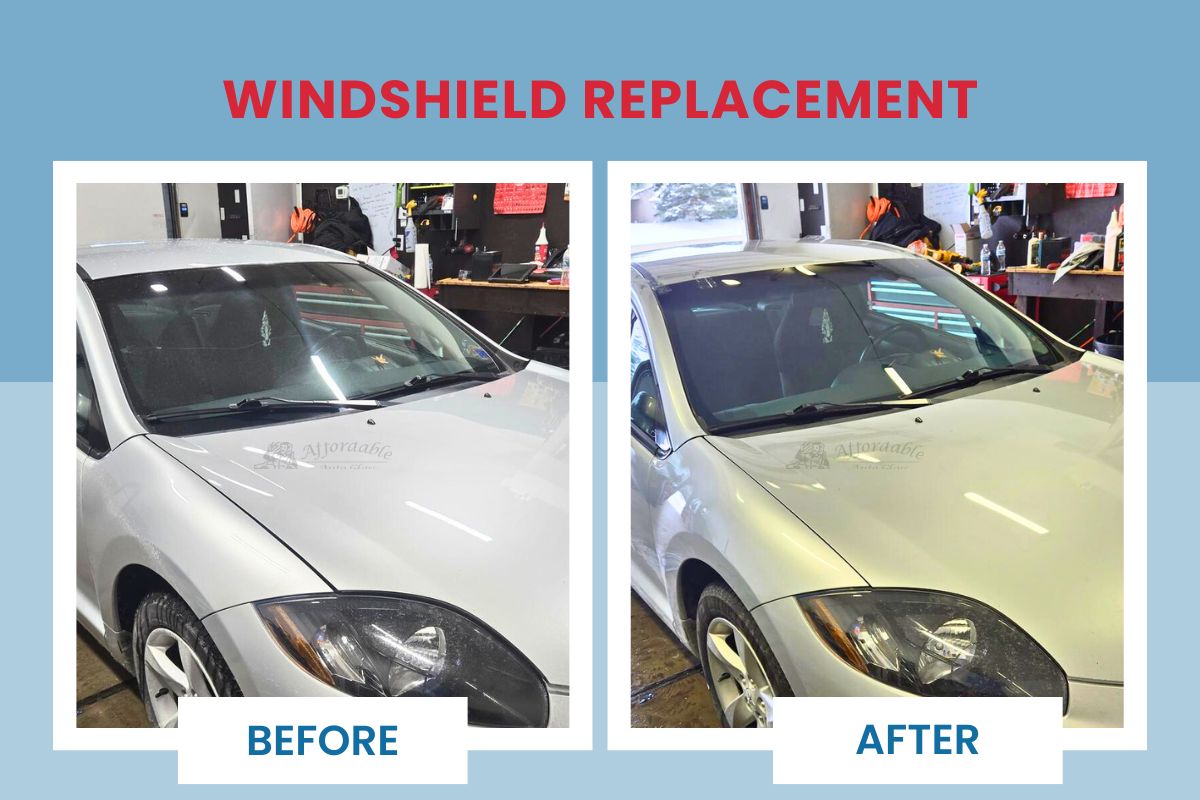 Before and after photos of a Mitsubishi Eclipse showing windshield replacement, highlighting improved clarity and fit after new auto glass installation.