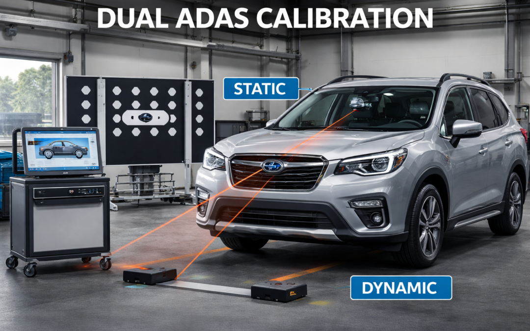 Dual ADAS calibration setup showing a vehicle in a service bay with calibration targets and diagnostic equipment performing both static and dynamic camera alignment.