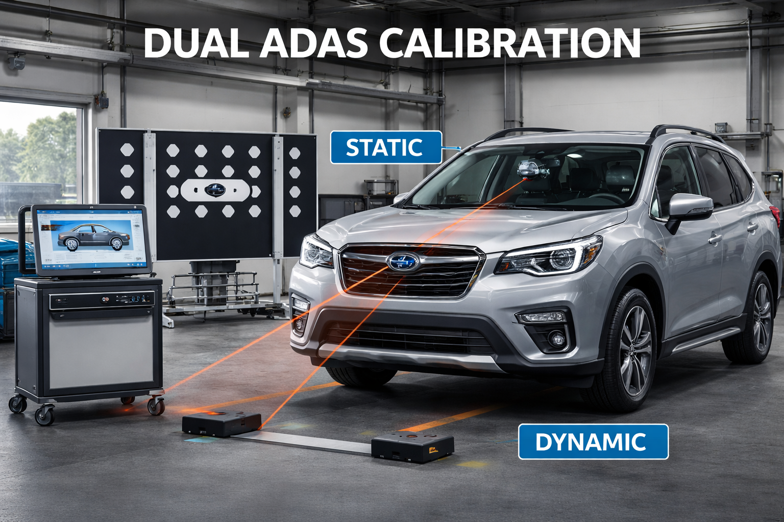 Dual ADAS calibration setup showing a vehicle in a service bay with calibration targets and diagnostic equipment performing both static and dynamic camera alignment.