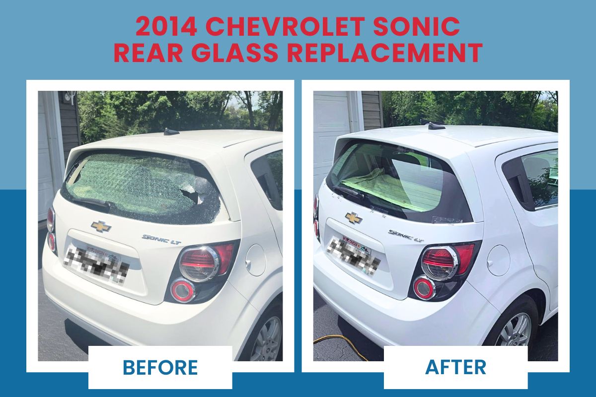 2014 Chevrolet Sonic shattered rear glass before and after replacement