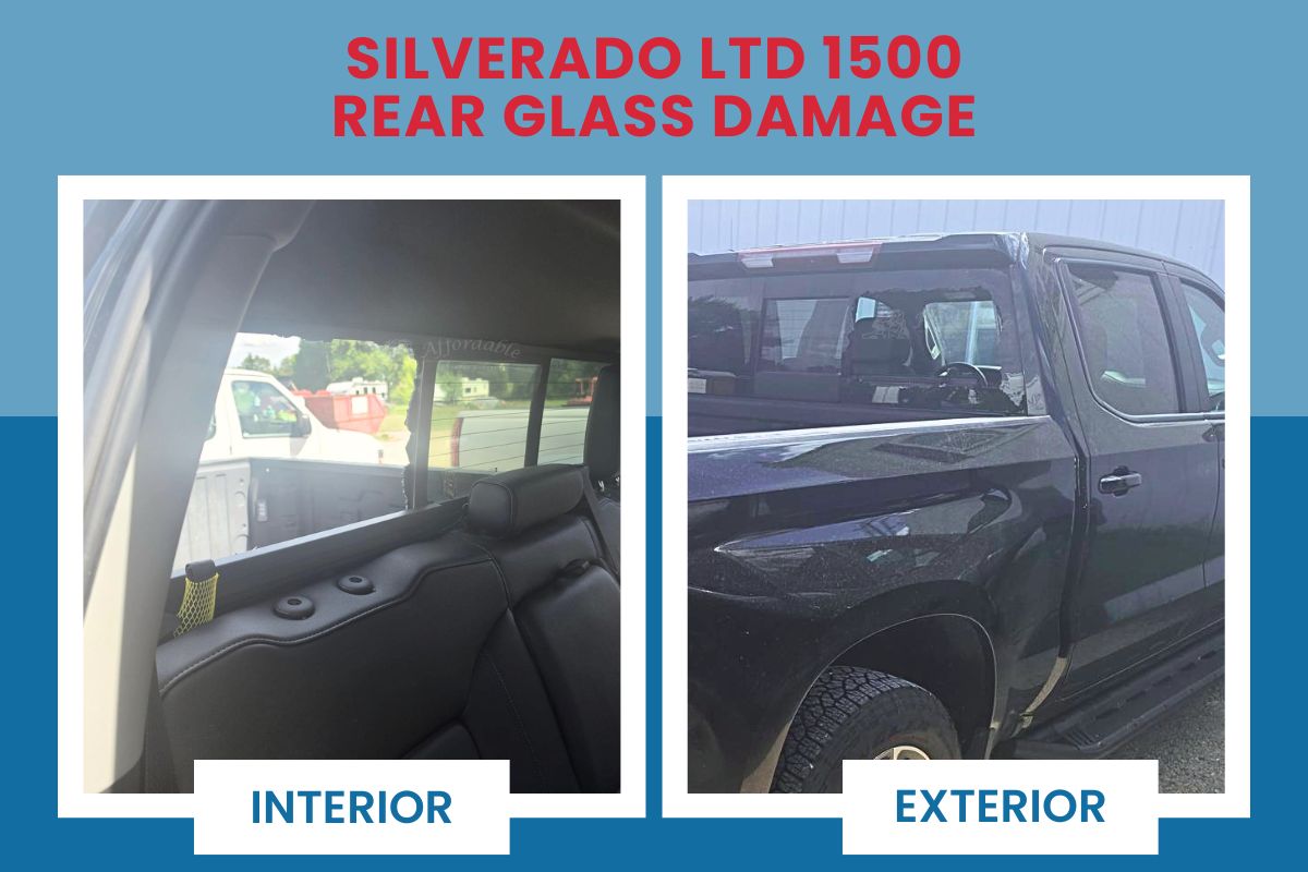 Pickup truck rear window shattered before professional rear glass replacement service in Wisconsin
