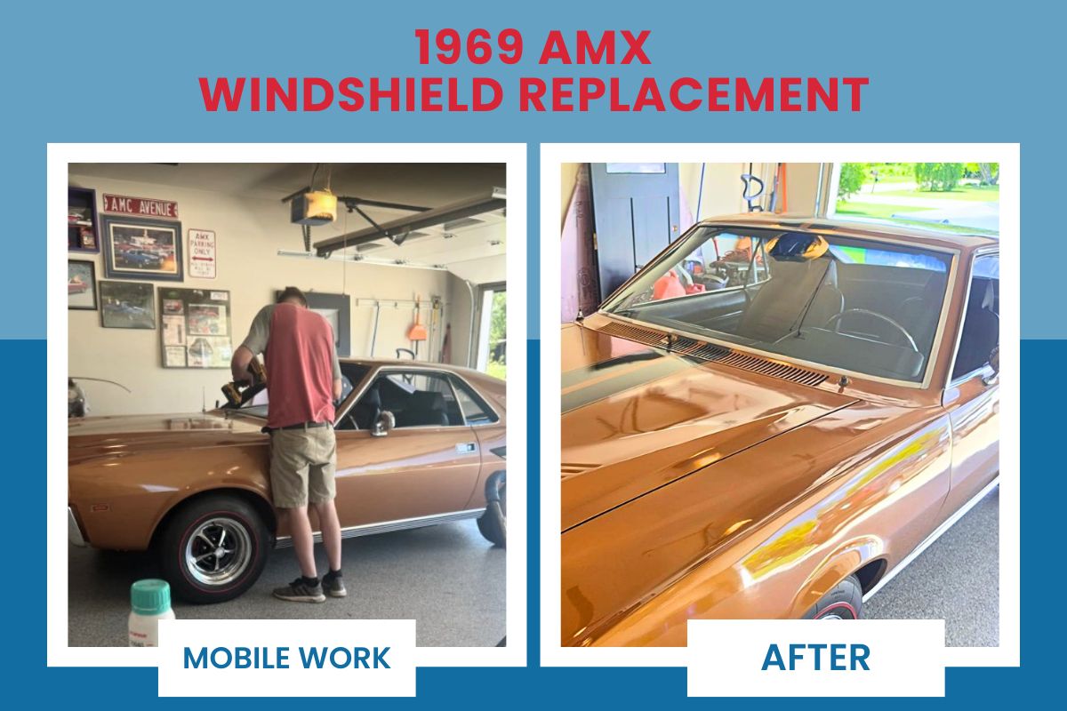 Affordable Auto Glass Wisconsin completed a professional 1969 AMC AMX windshield replacement using mobile service while preserving this classic muscle car's originality.